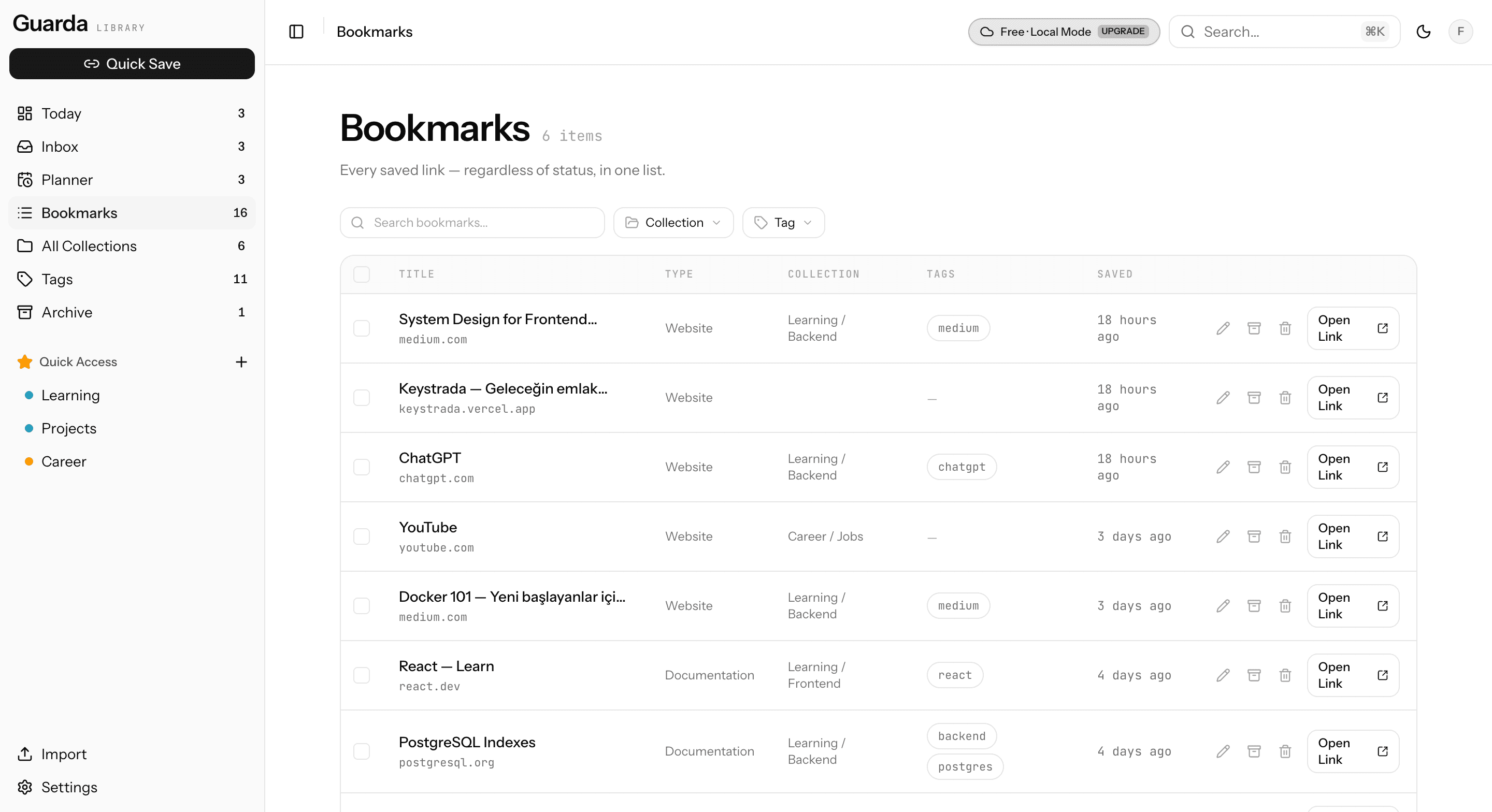 Bookmarks: filterable table view