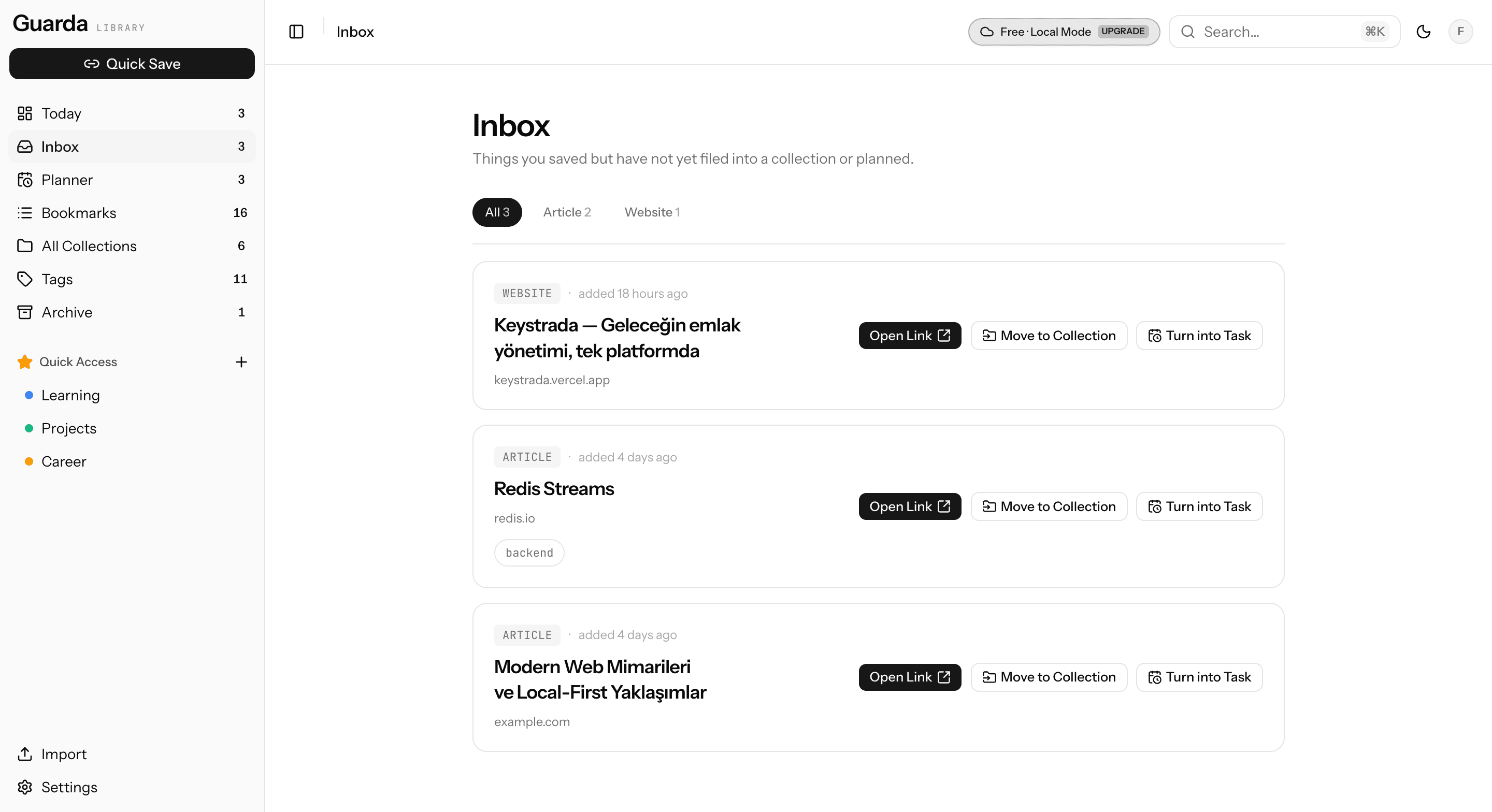 Inbox: unsorted bookmarks and quick actions