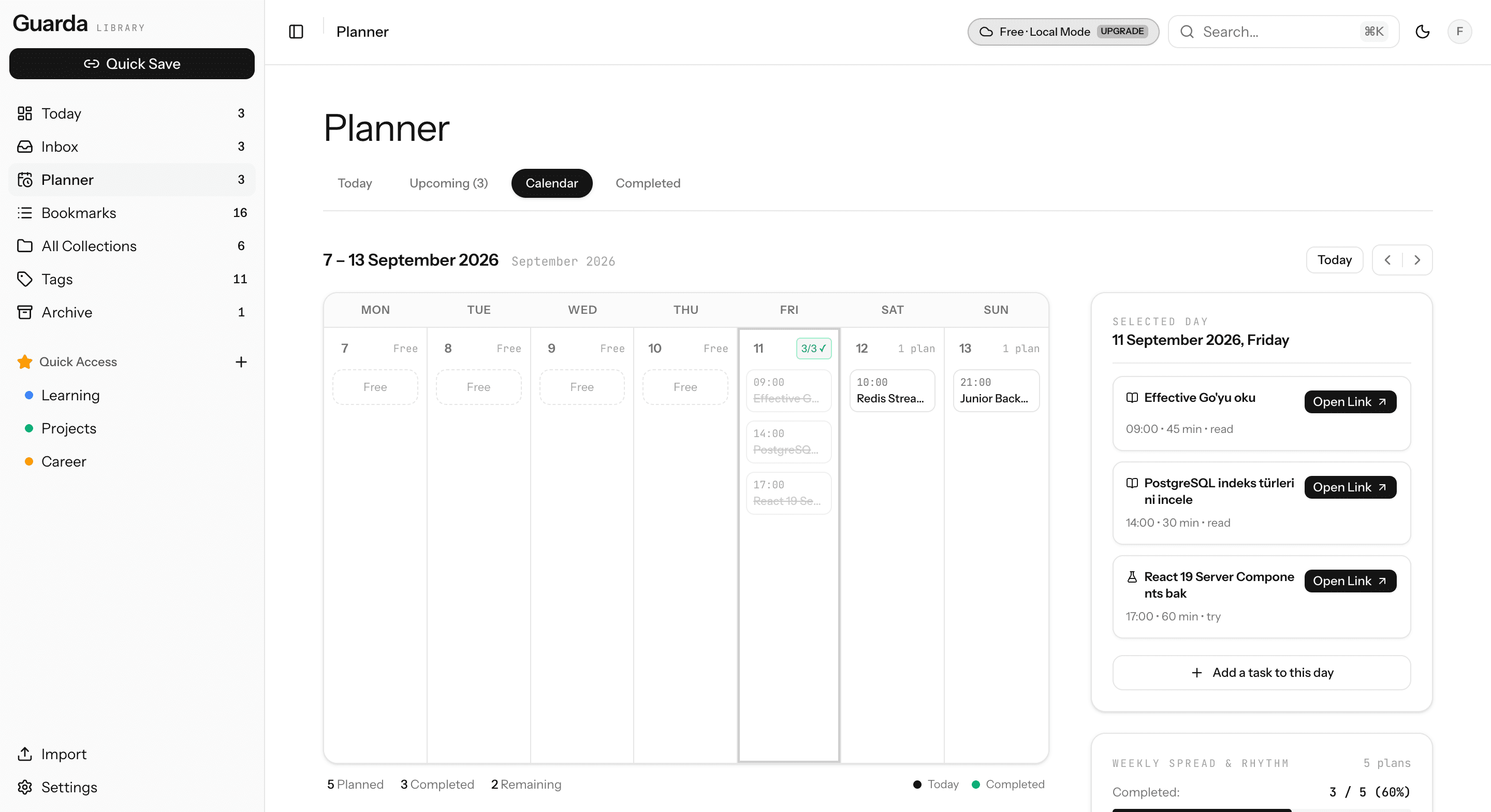 Planner: weekly calendar and the selected day's tasks