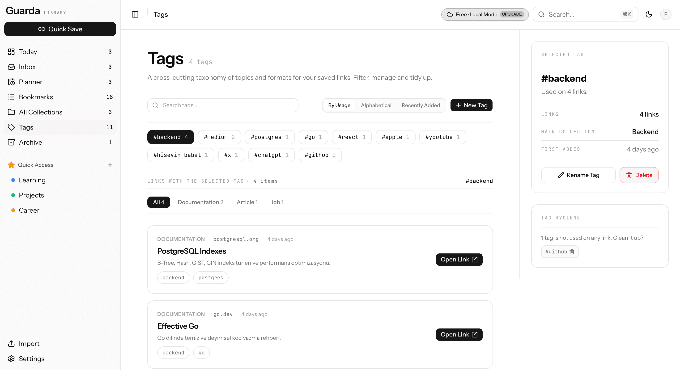 Tags: tag list with usage counts and the selected tag's bookmarks